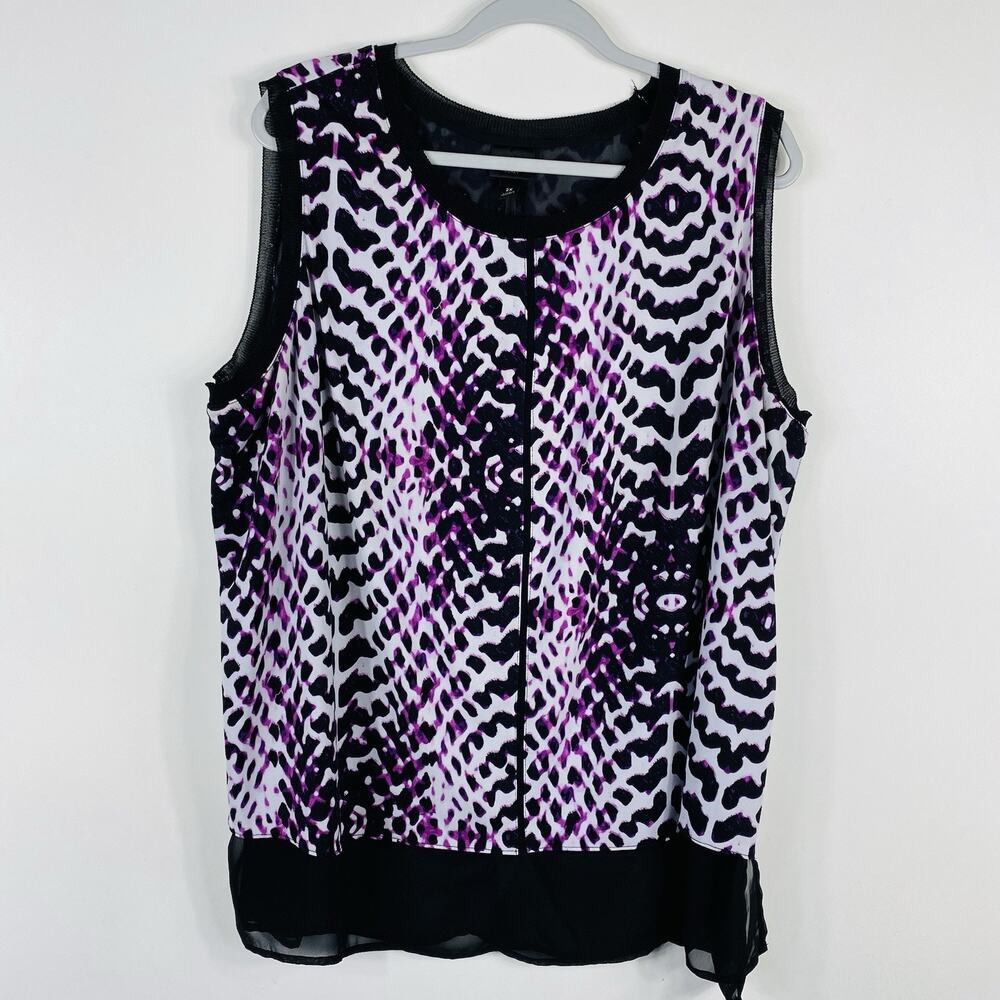 Worthington Top 2X Animal Print Chiffon Hem Sleeveless Blouse Purple